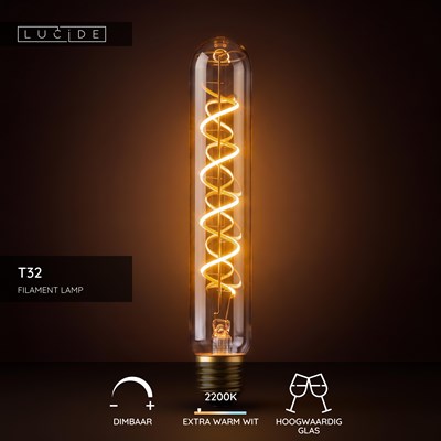 Lucide T32 - Filament lamp - Ø 3,2 cm - LED Dimb. - E27 - 1x4,9W 2200K - Amber